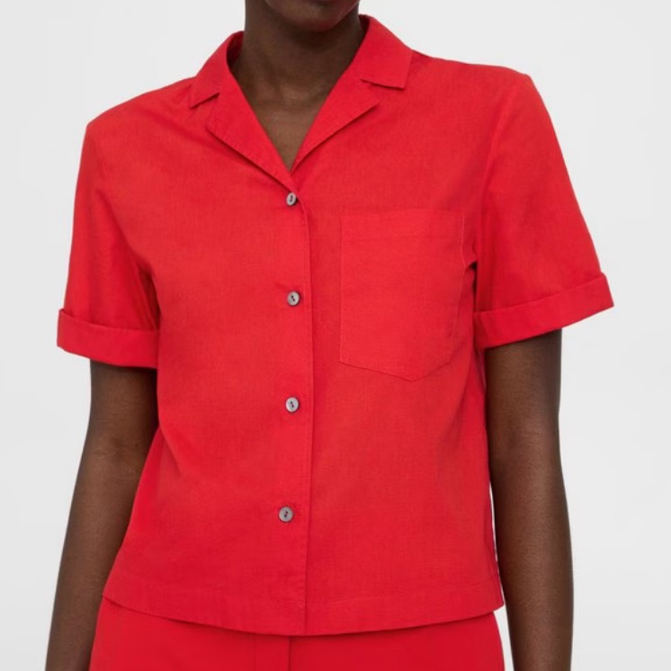 Theory Camp Shirt In Cotton Red Short-Sleeve Button Front Shirt Small